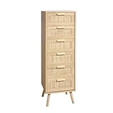 Finnhomy Rattan Chest of Drawers Bedroom, Tall Chester of Drawers with 6 Hand Made Rattan Decorated Drawers for Bedroom, Small Bedside Cabinet with Wood Legs, Natural
