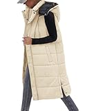 Vancavoo Women's Long Quilted Gilet Ladies Sleeveless Zip Up Hoodies Warm Jacket Vest Longline Thick Padded Waistcoat Winter Wear Side Split Puffer Long Body-Warmer Coat with Pockets(Khaki,L)