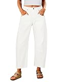 Utyful Barrel Jeans Women Cropped Baggy Trendy High Waisted Distressed Loose Stretch Denim Trouser Jeans with Pockets, Cream White, M