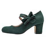 Pumps Women's Bowknot Mary Jane Shoes Heel Shoes Retro Heels Vintage Faux Suede Shoes Closed Round Toe Pumps Dirndl Shoes Office Comfortable Wedding Shoes, dark green, 5 UK