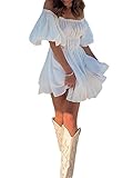 Fiacafyo Women Puff Sleeve Lace-up Fairy Tunic Elegant Off-Shoulder Party Dress Elastic Waist A-line Mini Dress Streetwear (A-White, L)