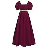 FRIUSATE Regency Dress, Jane Austen Regency Dress with Satin Sash, Victorian Empire Waist Ruffled Puff Sleeve Long Dress for Parties Ball Gown(2XL Red1) Claret