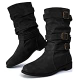 Dernolsea Women's Flat Mid Calf Boots, Pull On Buckle Ladies Pixie Slouch Boots All Black 6 UK