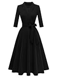 Meetjen Women's Wrap Flared Midi Dress A-Line Wedding Guest Cocktail Tea 3/4 Sleeve Swing Formal Dresses,Black,L