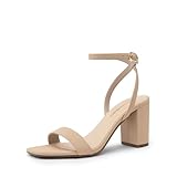 DREAM PAIRS Ladies High Heels Chunky Heels Square Open Toe Ankle Buckle Strappy Block Heeled Sandals for Party Wedding Daily, Size 9, Nude-Nubuck, DWUMHS2518