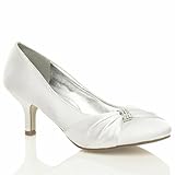Women’s Satin Low Kitten Heel Court Shoes – Diamante Buckle Bridal Bridesmaid Prom Party Heels for Wedding-White 6 UK