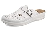 Fly Flot Women Altidona Slippers with Breathable Holes and Adjustable Buckle, Leather Insole Slide Sandal, White, 8 UK