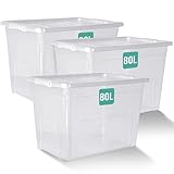 Klass Home Collection 3 x 80 Litre Large Plastic Storage Boxes With Lids Set of 3, Strong, Nestable Stackable Large Storage Box With Lid 80L Clear Plastic Containers For Home, Kitchen, Garage, Office