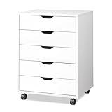DEVAISE Mobile File Cabinet 5 Drawers, Wood Under Desk Drawers with Wheels for Home Office Storage Printer Stand, White