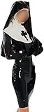 Latex Nuns Uniform Rubber Dress Costumes with Hood Fetish Clubwear Sexy Halloween Costumes Cross Dress,Black,Black,Large