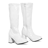 BloomFashion® New Women’s 1960’s 70’s Retro Knee-High Long Heel Boots Ladies Fancy Dress Party Go Go Boots With Side Zip Closure Size 3-12 UK (White, 7Uk)