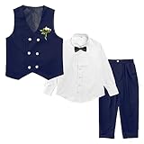 LOLANTA 4-Piece Formal Suit for Boy, Double-Breasted Waistcoat Set, Kids Birthday Wedding Party Occasionwear, Navy Blue, 11-12 Years, 160