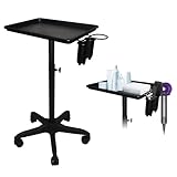 LEIBOU Beauty Aluminum Salon Tray Cart, Professional Adjustable Salon Instrument Trolley Stand with 5 Casters and Accessory Caddy, Large Tray, Beauty Tool Trolley Service Cart (Black)