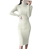 Dress Sweater Turtleneck Sweater Dresses for Women Knitted Bodycon Midi Sweater Dresses Wedding Dress, White, S