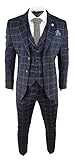 Mens Blue 3 Piece Suit Tan Check Classic Wedding Prom Peaky Tweed Vintage - Navy 40