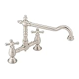 ENKI, Langley, KT115, Brushed Nickel, Traditional Bridge Kitchen Sink Mixer Tap for Basin, Brass Construction, with Twin Levers & Swivel Spout Perfect for Double Bowl Sinks, Drip Free Ceramic Valve