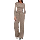 Two Piece Sets for Women Tracksuit Full Set Long Sleeve Tops Drawstring Elasticized Waist Wide Leg Trousers Casual Lounge Wear Co Ord Sets Matching Activewear Gym Sets