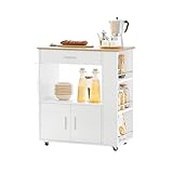 SoBuy Kitchen Island on Wheels with Storage Trolley Drawer Shelves and Cupboard - Butcher Block Style Kitchen Cart - White Wood Effect, 82x46x88cm, FKW113-WN