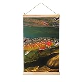Hanging Posters Wooden Shaft Canvas Prints Wall Art Brook Trout Fly Fishing Painting Hanging Scroll Painting Wall Banner Modern Artwork Decor for Home Ready to Hang 16"x24"
