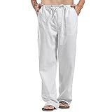 Relwxea Men's Linen Trousers Loose Fit Summer Beach Yoga Pants Elastic Drawstring Trouser Straight Legs Lightweight Trouser White L