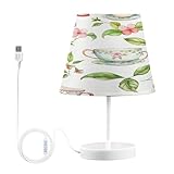 Lyeorm Teacups and Flowers Table Lamp for Bedroom - Bedside Lamps with USB Port - Nightstand Lamp with Flaxen Fabric Shade for Living Room Home Office