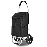 VOUNOT® Folding Shopping Trolley, Aluminium Lightweight Shopping Cart with Detachable Shopping Bag, Waterproof Fabric, Mudguard Stair Climbing Wheels Grocery Trolley, 58L Black