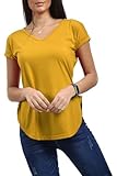 Shop Nova® WOMENS LADIES PLAIN V NECK CURVED HEM TURN UP SHORT SLEEVE JERSEY T SHIRT TOP (Mustard, 16)
