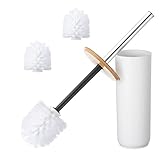 Kinsinder Toilet Brush and Holder with Bamboo Handle with 3 Brush Heads, Bathroom Toilet Cleaner Brush Modern Design Deep Cleaning Toilet Bowl Brushes (White)