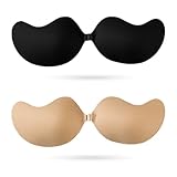 2 PCS Sticky Bra,Strapless Push Up Invisible Adhesive Bra for Low Cut Dress,Invisible Adhesive Bra Push up Reusable Backless Strapless Bras for Women Wedding Party Dress (Beige + Black, Cup A)