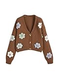 CIDER Women’s Floral Cropped Cardigan Cute Flower V Neck Button Down Trendy Sweater, Coffee, Small