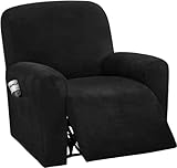 Stretch Velvet Recliner Chair Covers, 4-piece With Pocket Lazy Boy Reclining Sofa Slipcover Non Slip Armchair Covers For Kids Pets-black-1 seater