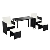 Outsunny 2 Seater Rattan Cube Garden Furniture Set, Rattan Dining Set with Cushions, Outdoor Dining Table and Chairs with 2 Armchairs, 2 Stools, Rectangular Glass Top Table for Patio, Balcony, Black