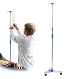 aleawol IV Drip Stand with 4 Hooks, Portable IV Pole Stand with 3 Wheels Infusion Stand Height Adjustable Telescopic Rolling IV Pole Drip Bag Stand Stainless Steel for Hospital Home Clinic Care