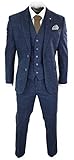 Mens 3 Piece Blue Tweed Check Suit 1920's Peaky Blinders Tailored Fit - Blue Short 46