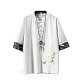 Chinese Style Round Buckle Linen T-Shirt Men's Summer Short-Sleeved Shirt Loose T-Shirt Japanese Kimono YM901-White Asian size 3XL