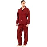 Mens Traditional Pyjamas 2 Piece Set Classic Style Plain Poly Cotton Pjs Nightwear Lounge Wear Sleepwear Suits Button Up Long Sleeve Shirt Tops Pants Trousers Bottoms(Burgundy, L)