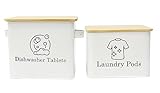 Xbopetda Set of Laundry Powder Bin & Dishwasher Pod Holder, Laundry Detergent Powder Storage Box with Scoop Wooden Lid & Handles, Metal Dishwasher Tablets Bin for Home Organization and Storage - White