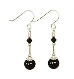 Black Onyx, Jet Crystal & Sterling Silver Hook Drop Earrings with Gift Box