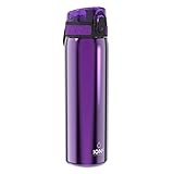 Ion8 Lightweight Steel Water Bottle, 600ml/20oz, Non-Insulated, Leak Proof, Easy to Open, Secure Lock, Dishwasher Safe, Flip Cover, Fits Cup Holders, Carry Handle, Metal Water Bottle, Metallic Purple