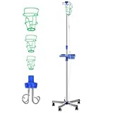 Varku Stainless Steel IV Pole with Wheels - Adjustable Drip Stand with Handle & Storage Tray - 22 Lbs Bearing Capacity Infusion Stand with 4 Hooks & 3 IV Bag for Hospital & Home Care (5 Wheels)