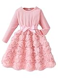 JiAmy Girls Flower Dresses Long Sleeve Lovely 3D Grapic Rose Tulle Kids Party Birthday Dress with Bownot Toddler Little Girls Prom Occasion Dresses for 6 Years, Pink