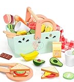 KizKnows Wooden Toy Picnic Playset, 31 Pcs Wooden Play Food Sets for Kids Pretend Play Cutting Food Toys Toddlers Play Kitchen Accessories Gift for Girls Boys Age 3+