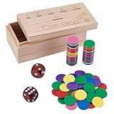 NBEADS Wooden Coin Drop Game Set, Including 2 Dice 100 Acrylic Tokens 6 Slot Pine Holder, Skill-Based Penny Toss Game for Family Parties, Drinking Games or Hand-Eye Training