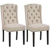 Yaheetech Upholstered Button Tufted Dining Room Chairs Set of 2 Kitchen Chairs with Nailhead Trims and Solid Legs for Home, Restaurant, Beige