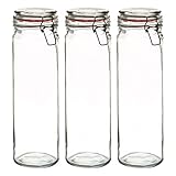Argon Tableware 3x 2000ml (2 Litre) Clear Glass Spaghetti Jars with Orange Airtight Silicone Seal and Metal Clip Lids - 70.3oz Empty Tall Pasta Kitchen Containers