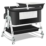 Uuoeebb 4 in 1 Baby Bedside Crib, Next to Me Crib, Travel Cot with Mattress Included, Baby Cribs with Changing Table, 5 Level Height Adjustable Bedside Cot for Newborn (Black)