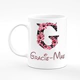 Amelia Gould Apparel Gracie-Mae Flower Letter Design Mug Gift 11oz Ceramic Coffee Tea Cup Alphabet