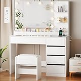 ANWBROAD Dressing Table with Large Mirror and Lights 3-Colour LED Adjustable Brightness Glass Top Vanity Table with Plug and Stool 5 Drawers 5 Open Storage Areas Makeup Desk Bedroom White YBDT74W