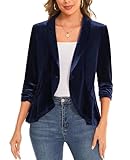 MINTLIMIT Navy Velvet Blazer Jacket with Ruffle Hem 3/4 Sleeve One-Button Shawl Collar Unlined Blazer Cardigan Coat (Navy XXL)