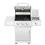 BBQ Kingdom 3+1 Burner Gas BBQ Grill with Side Burner, Stainless Steel Garden Barbecue, Cast Iron Grill and Cooking Plate, Wheeled Base, Cover, Cabinet, Side Shelves, Removable Grease Tray